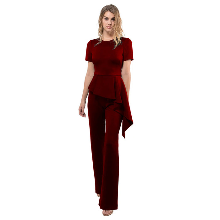 Color-Burgundy-Summer Women Clothing Short Sleeve Lotus Leaf Jumpsuit Women Tight Trousers-Fancey Boutique