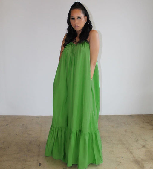 Color-Green-Spaghetti Straps Sleeveless Solid Color Long Large Hem Dress-Fancey Boutique