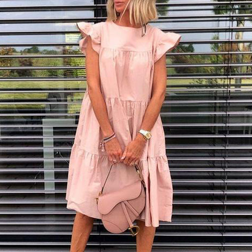 Color-Pink-Women Clothing Loose Pleated Short Sleeve Dress Women Solid Color-Fancey Boutique