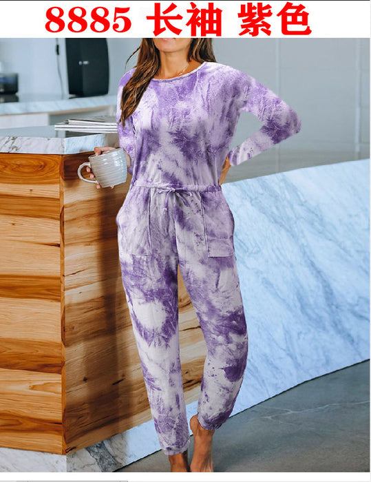 Color-Long Sleeve Purple-Tie-Dyed One-Piece Pajamas Women Summer Loose Short Sleeve round Neck Ladies Homewear-Fancey Boutique