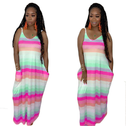 Color-Pink-Women Rainbow Colorful Stripes Loose Big Hem Maxi Dress-Fancey Boutique