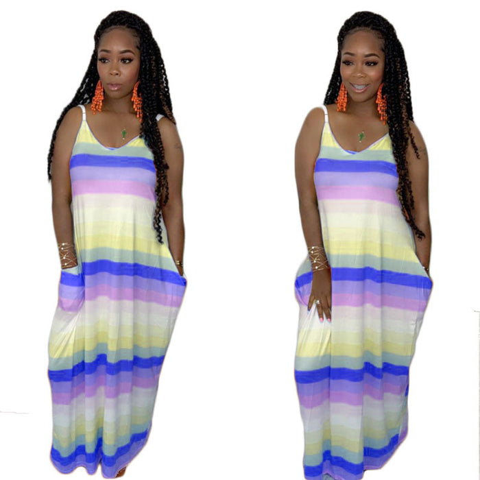 Color-Blue-Women Rainbow Colorful Stripes Loose Big Hem Maxi Dress-Fancey Boutique