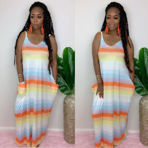 Color-Orange-Women Rainbow Colorful Stripes Loose Big Hem Maxi Dress-Fancey Boutique