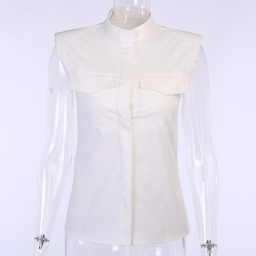 Color-White-Sleeveless Shoulder Pad Slim Fit Shirt Women Summer Lady High Cold Wind Bottoming Top-Fancey Boutique
