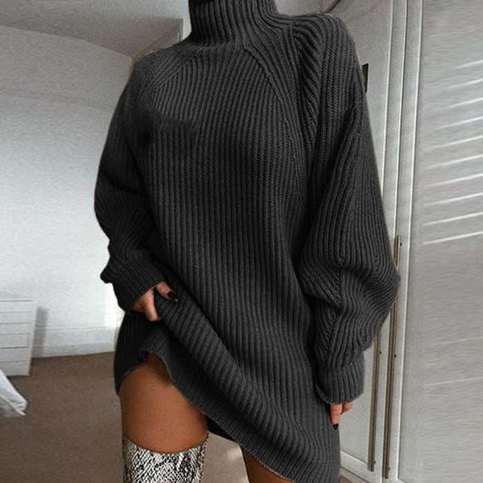 Color-Dark Grey-202020 Autumn Winter Popular Knitwear Mid-Length Raglan Sleeve Mock Neck Sweater Dress-Fancey Boutique