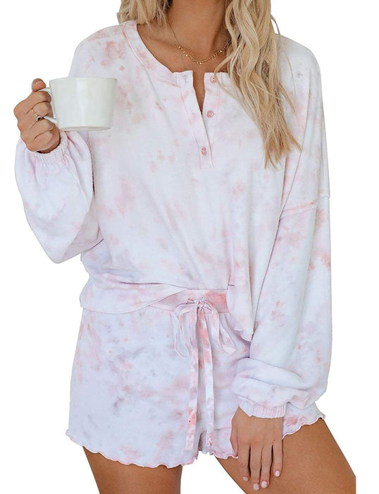 Color-Light Pink-Tie-Dye Printing Casual Sports Sweater Home Half Sleeve Ruffled two piece set Women-Fancey Boutique