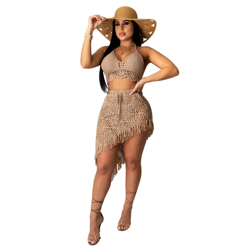 Color-Camel-Women Clothing Sexy Handmade Crocheted Tassel Casual Suit Beach Swimsuit Blouse-Fancey Boutique