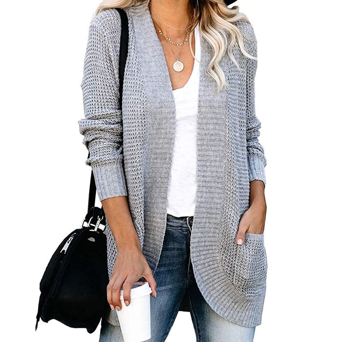 Color-Light Gray-Autumn Winter Cardigan Women Clothing Curved Placket Large Pocket Sweater Open-Fancey Boutique