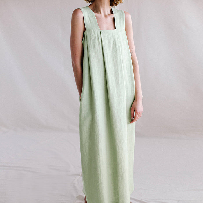 Color-Light Green-Ramie Sleeveless Maxi Dress Spring Summer French Design Loose Linen Cotton Linen Square Collar Cami Dress-Fancey Boutique