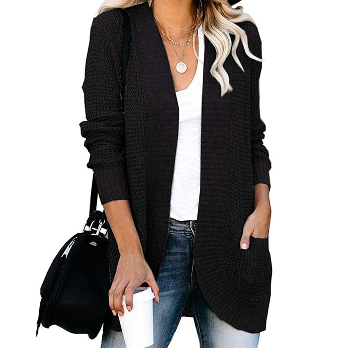 Color-Black-Autumn Winter Cardigan Women Clothing Curved Placket Large Pocket Sweater Open-Fancey Boutique