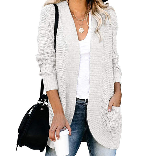 Color-White-Autumn Winter Cardigan Women Clothing Curved Placket Large Pocket Sweater Open-Fancey Boutique