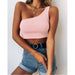 Color-Pink-Products Solid Color Low Cut Sleeveless Cropped One Shoulder Halterneck Vest-Fancey Boutique