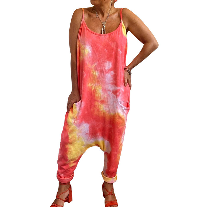 Color-Red-Women Clothing Tie Dyed Suspender Jumpsuit-Fancey Boutique