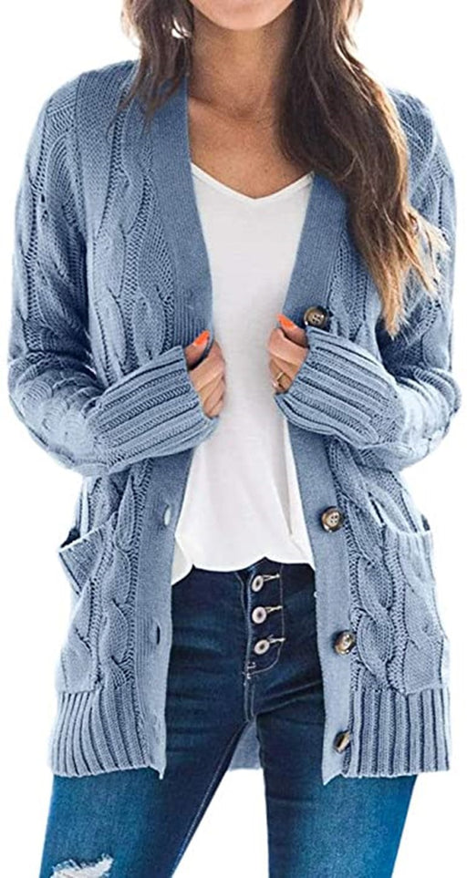 Color-Blue-Autumn Winter Casual V neck Single Breasted Long Sleeve Knitwear Coat Cardigan Sweater for Women-Fancey Boutique