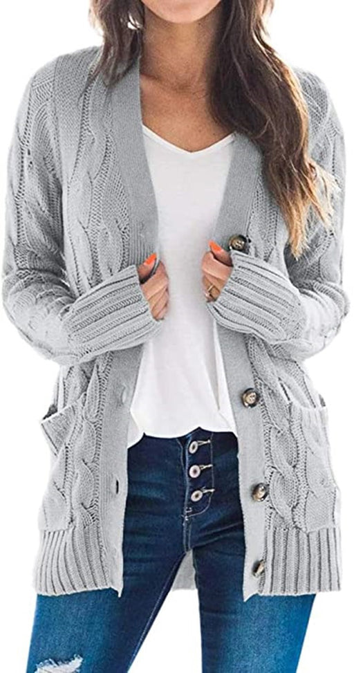 Color-Gray-Autumn Winter Casual V neck Single Breasted Long Sleeve Knitwear Coat Cardigan Sweater for Women-Fancey Boutique