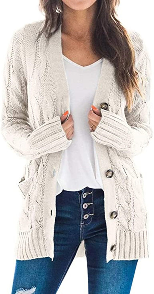 Color-White-Autumn Winter Casual V neck Single Breasted Long Sleeve Knitwear Coat Cardigan Sweater for Women-Fancey Boutique
