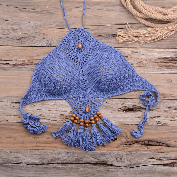 Color-Blue-Bikini Handmade Tassel Bohemian Swimsuit Sexy Lady Beach Swimming Clothing-Fancey Boutique