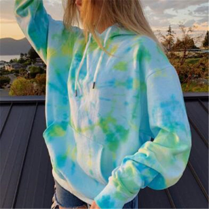 Color-Green-Street Women Clothing Loose Hooded Tie-Dyed Printed Casual Large Hoody Top-Fancey Boutique