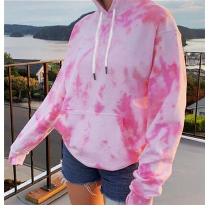 Color-Pink-Street Women Clothing Loose Hooded Tie-Dyed Printed Casual Large Hoody Top-Fancey Boutique