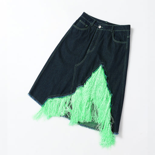 Color-Skirt-Fluorescent Green Tassel Vest Skirt Denim Two Piece Set-Fancey Boutique