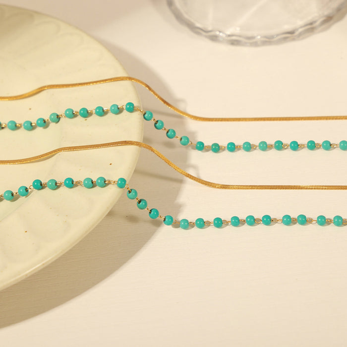 Turquoise Titanium Steel Double-Layered Necklace-One Size-Fancey Boutique