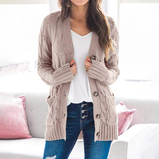 Color-Khaki-Autumn Winter Casual V neck Single Breasted Long Sleeve Knitwear Coat Cardigan Sweater for Women-Fancey Boutique