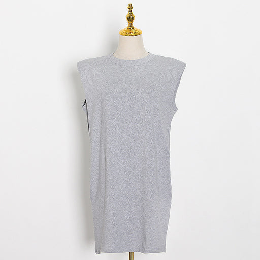 Color-Gray-Solid Color round Neck Sleeveless Women Spring Casual Loose Padded Shoulder Dress Women-Fancey Boutique