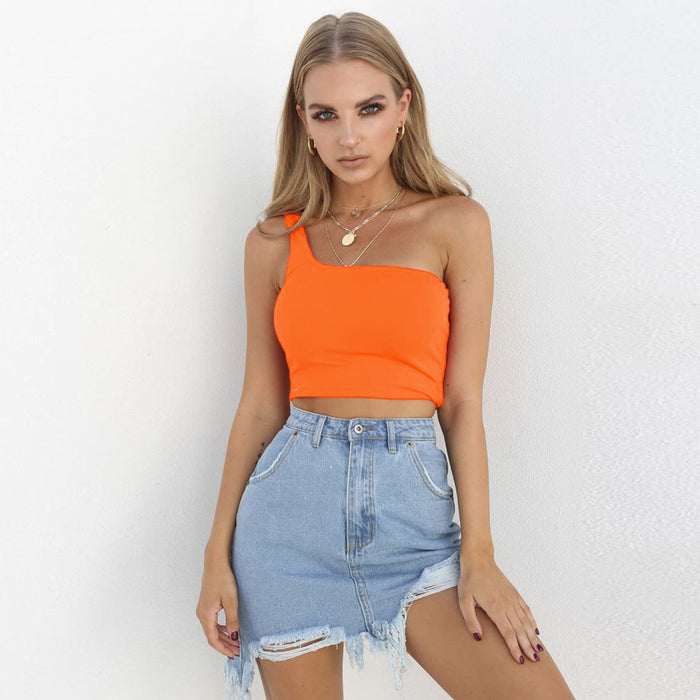 Color-Fluorescent Orange-Summer Sexy One-Shoulder Cropped Top Women Summer-Fancey Boutique