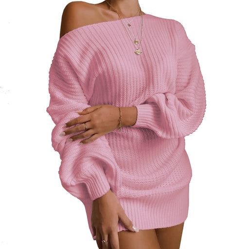 Color-Pink-Autumn Winter Women Clothing Casual Off-the-shoulder Lantern Sleeve Knitted Sweater Dress-Fancey Boutique