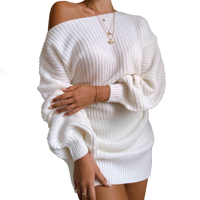 Color-Ivory-Autumn Winter Women Clothing Casual Off-the-shoulder Lantern Sleeve Knitted Sweater Dress-Fancey Boutique