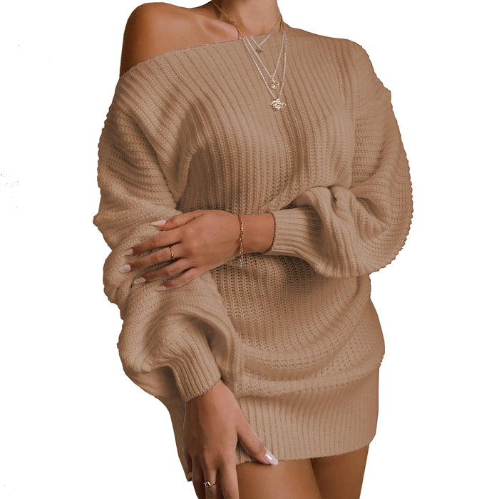 Color-Wheat Color-Autumn Winter Women Clothing Casual Off-the-shoulder Lantern Sleeve Knitted Sweater Dress-Fancey Boutique
