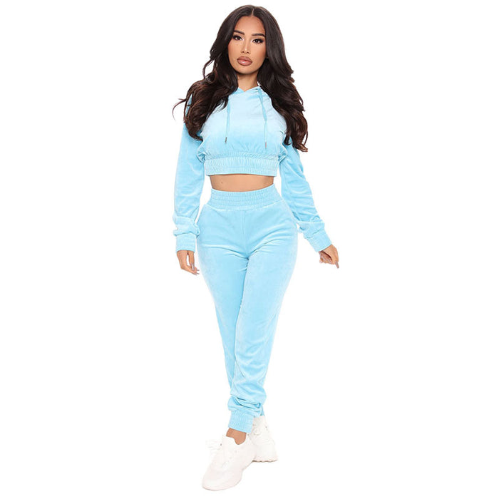 Color-skyblue-Women Clothing Casual Velvet Hoodie Two Piece Set Sweater Suit Women-Fancey Boutique
