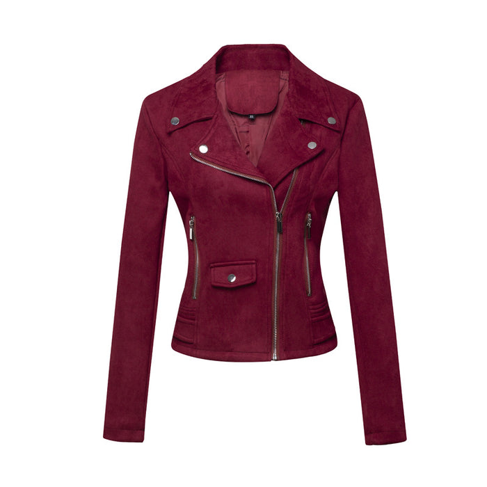 Color-Burgundy-Women Clothing Motorcycle Jacket Women Leather Top Short Slim Suede Leather Jacket Women-Fancey Boutique