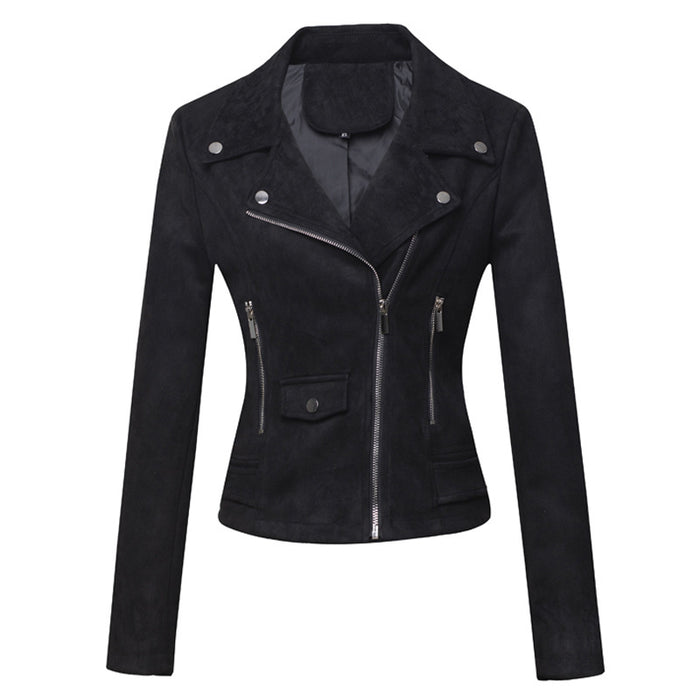 Color-Black-Women Clothing Motorcycle Jacket Women Leather Top Short Slim Suede Leather Jacket Women-Fancey Boutique