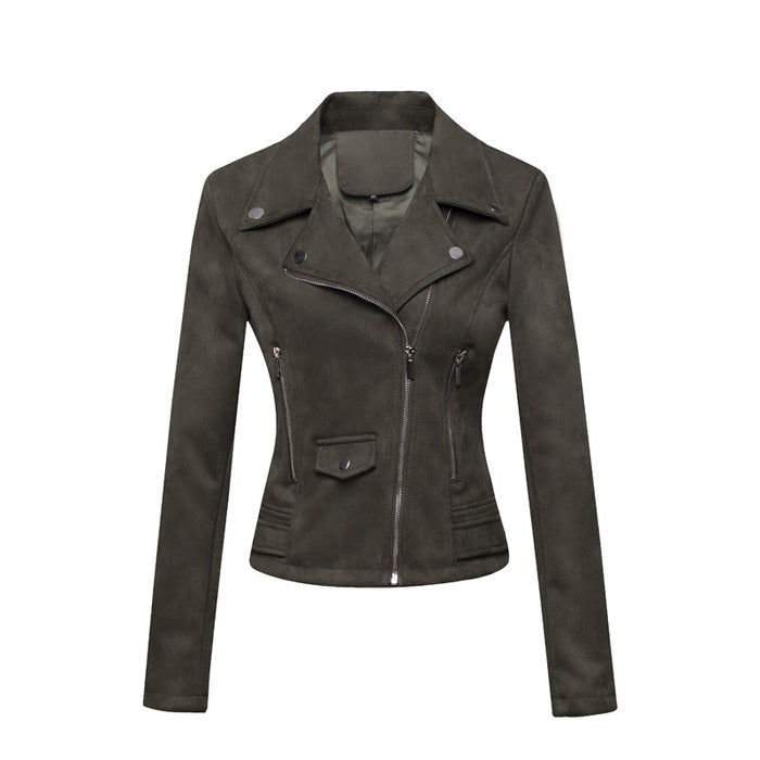 Color-Army Green-Women Clothing Motorcycle Jacket Women Leather Top Short Slim Suede Leather Jacket Women-Fancey Boutique