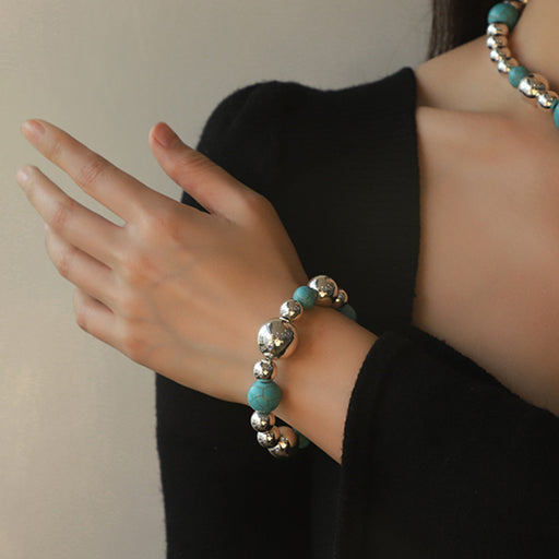 Artificial Turquoise Alloy Beaded Bracelet-One Size-Fancey Boutique