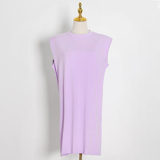 Color-Purple-Solid Color round Neck Sleeveless Women Spring Casual Loose Padded Shoulder Dress Women-Fancey Boutique