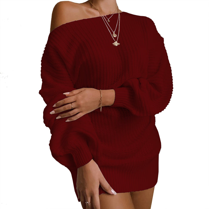 Color-Burgundy-Autumn Winter Women Clothing Casual Off-the-shoulder Lantern Sleeve Knitted Sweater Dress-Fancey Boutique