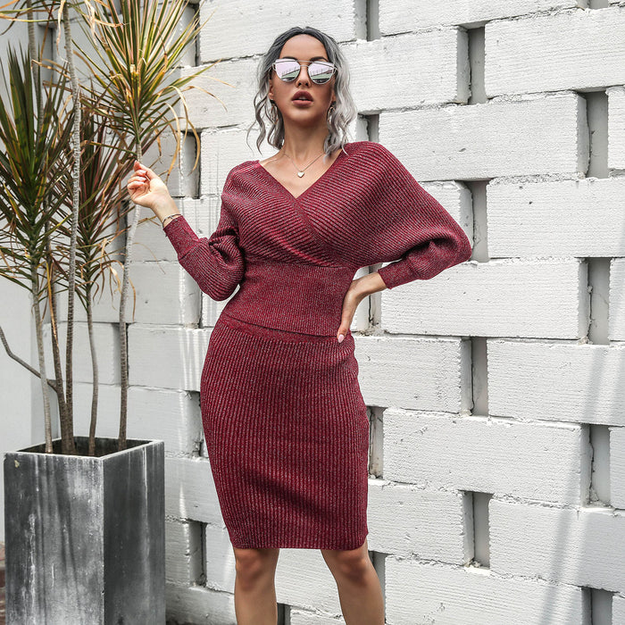Color-Red-Women Clothing Autumn Winter Boat Collar Batwing Sleeve Sweater Backless Two-Piece Set Package Hip Sweater Dress-Fancey Boutique