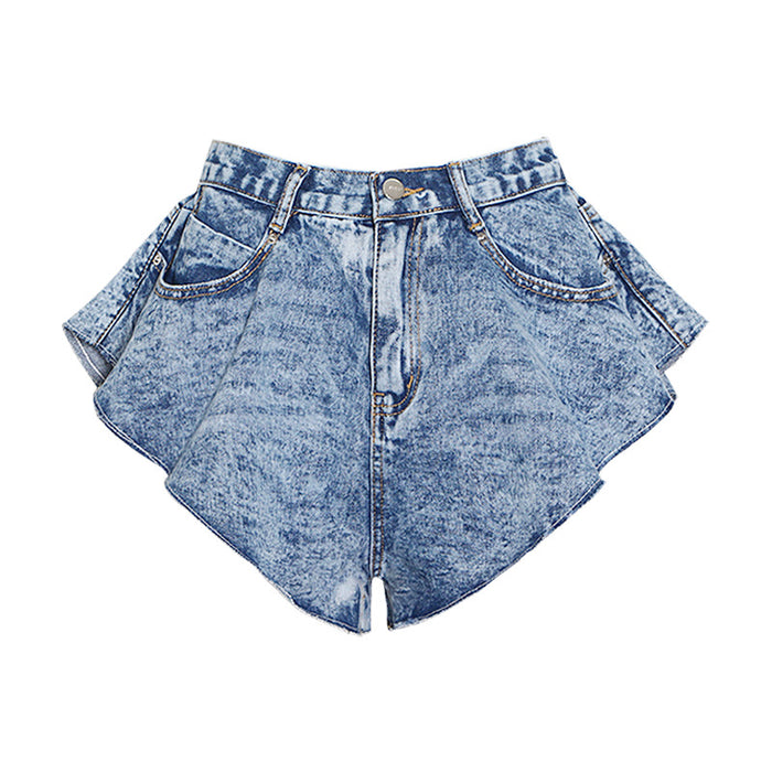 Color-Blue-High Waist Denim Shorts for Women Summer Loose Slimming Pocket Ruffled Short Casual Pants for Women-Fancey Boutique