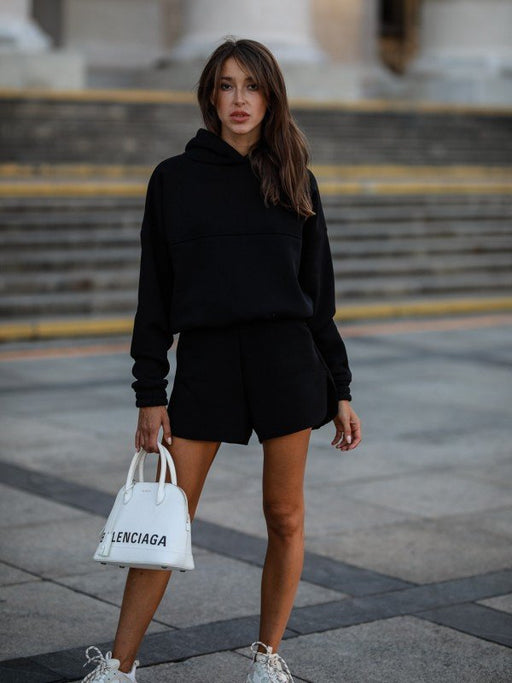Color-Black-Autumn Winter Solid Color Long Sleeve Shorts Sweater Suit For Women-Fancey Boutique