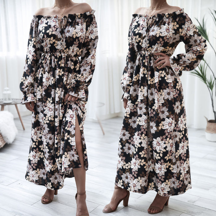 Color-Black-Floral Bell Sleeve Wooden Ear Strapless Vacation Dress Women Clothing-Fancey Boutique