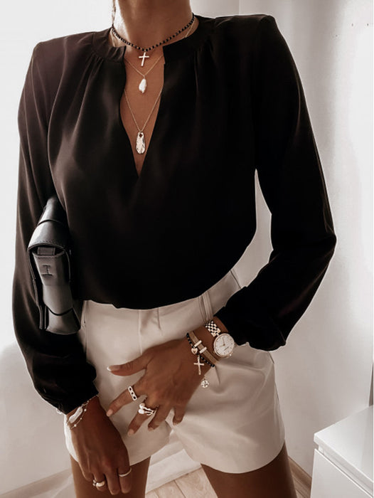 Color-Black-Spring Autumn Loose Long Sleeve V-neck Pullover Shirt Shirt For Women-Fancey Boutique