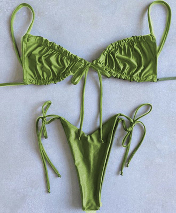 Color-Green-Popular Split Bikini Swimsuit Solid Color Women Bikini Tied Swimsuit-Fancey Boutique