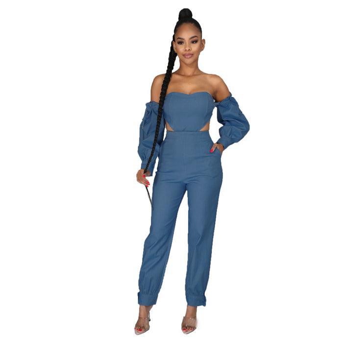 Color-light blue-Denim Women Wear off-Shoulder Denim Set-Fancey Boutique