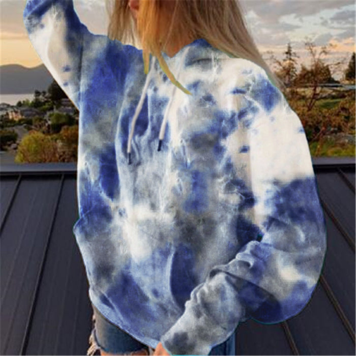 Color-royal blue-Street Women Clothing Loose Hooded Tie-Dyed Printed Casual Large Hoody Top-Fancey Boutique