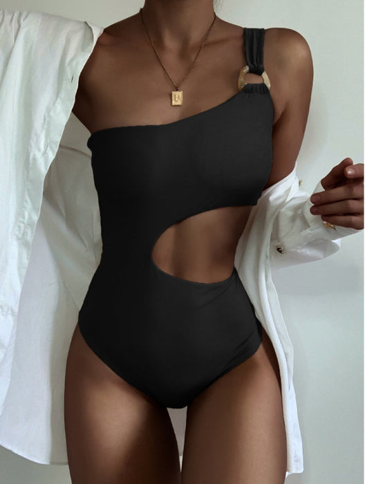 Solid Color One-piece Swimsuit Women Sexy Waist Hollow-out Swimsuit One-shoulder Two-color Swimsuit-Black-Fancey Boutique