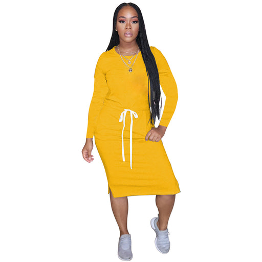 Color-Yellow-Popular Classic Simple Casual Solid Color Long Sleeve Dress-Fancey Boutique