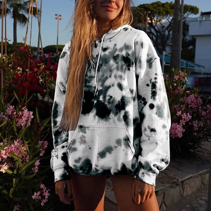 Color-Black-Street Women Clothing Loose Hooded Tie-Dyed Printed Casual Large Hoody Top-Fancey Boutique