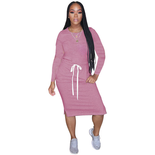 Color-Pink-Popular Classic Simple Casual Solid Color Long Sleeve Dress-Fancey Boutique